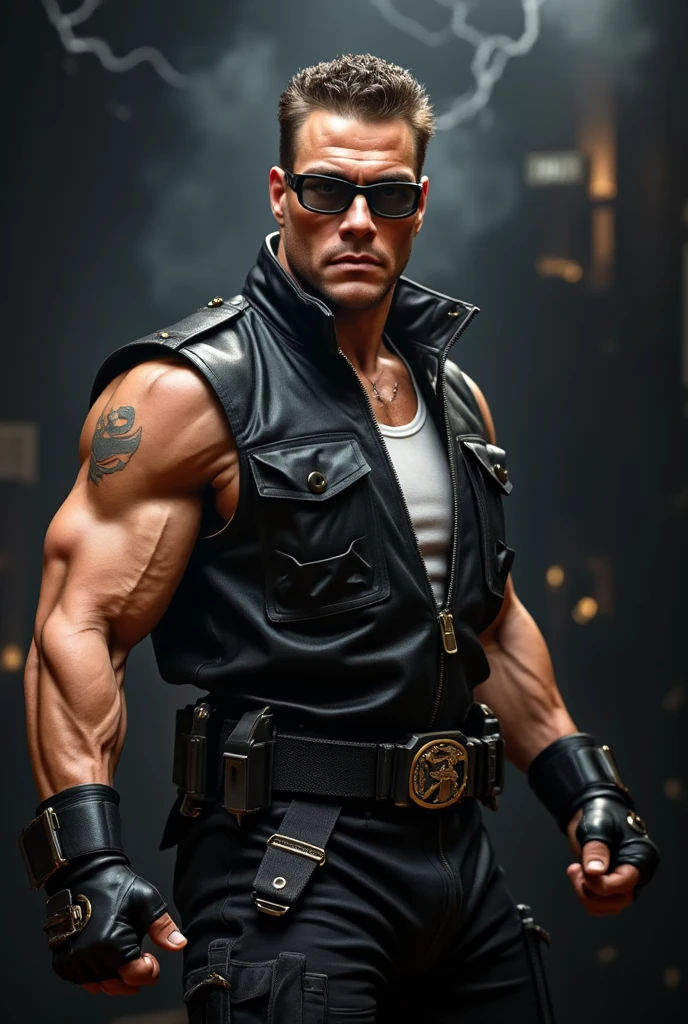 a photo of young (Jean-Claude Van Damme) as (Johnny Cage) from Mortal Kombat, topless, black trousers, sunglasses, Intricate, High Detail, Sharp focus, dramatic, photorealistic painting art by greg rutkowski