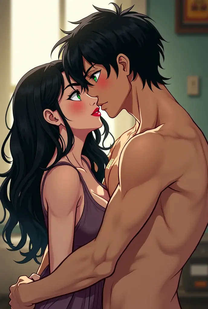 Create a thin white woman with long black hair wearing glasses without clothes and having sex in doggy style with a brown man with curly hair and a huge penis Anime version