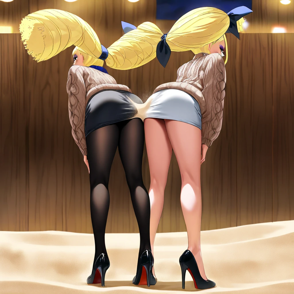 there are two women in stockings and stockings are bending over, bending over, bottom viewa, anime barbie in white stockings, small curvy loli, somewhat bent over, thicc, ecchi anime style, bottom shot, shapely derriere, thighs focus, two beautiful anime girls, ecchi, smooth anime cg art, bottom viev, derriere