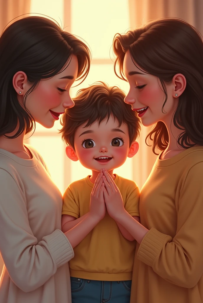 generate realistic image woman with curly brown hair praying with two children, a boy and a girl, everyone is wearing black pants and an orange t-shirt, they are sitting on the beige sofa saying an evangelical prayer
