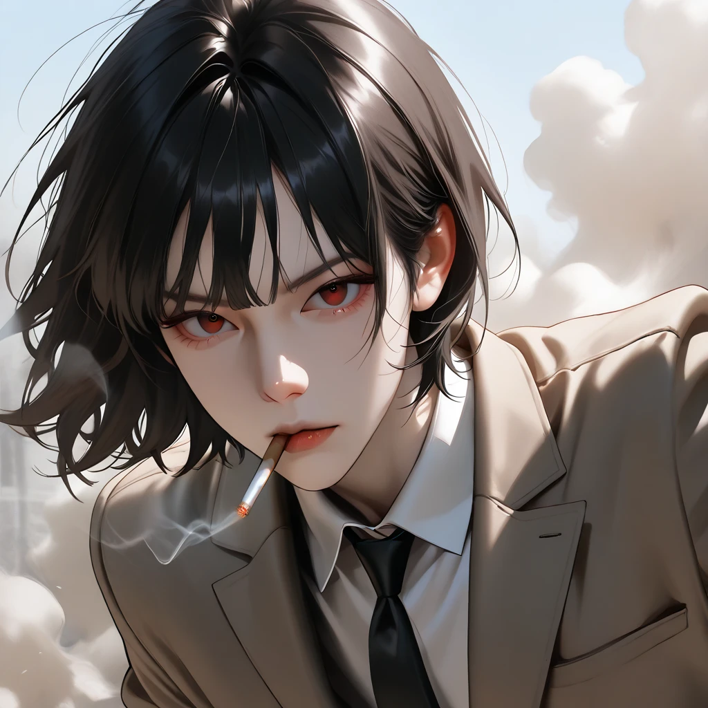 a woman in a suit, looking down at viewer with narrowed eyes,  she is smoking a cigarette, beautiful, red eye, black hair, wolf hair cut, low angle view