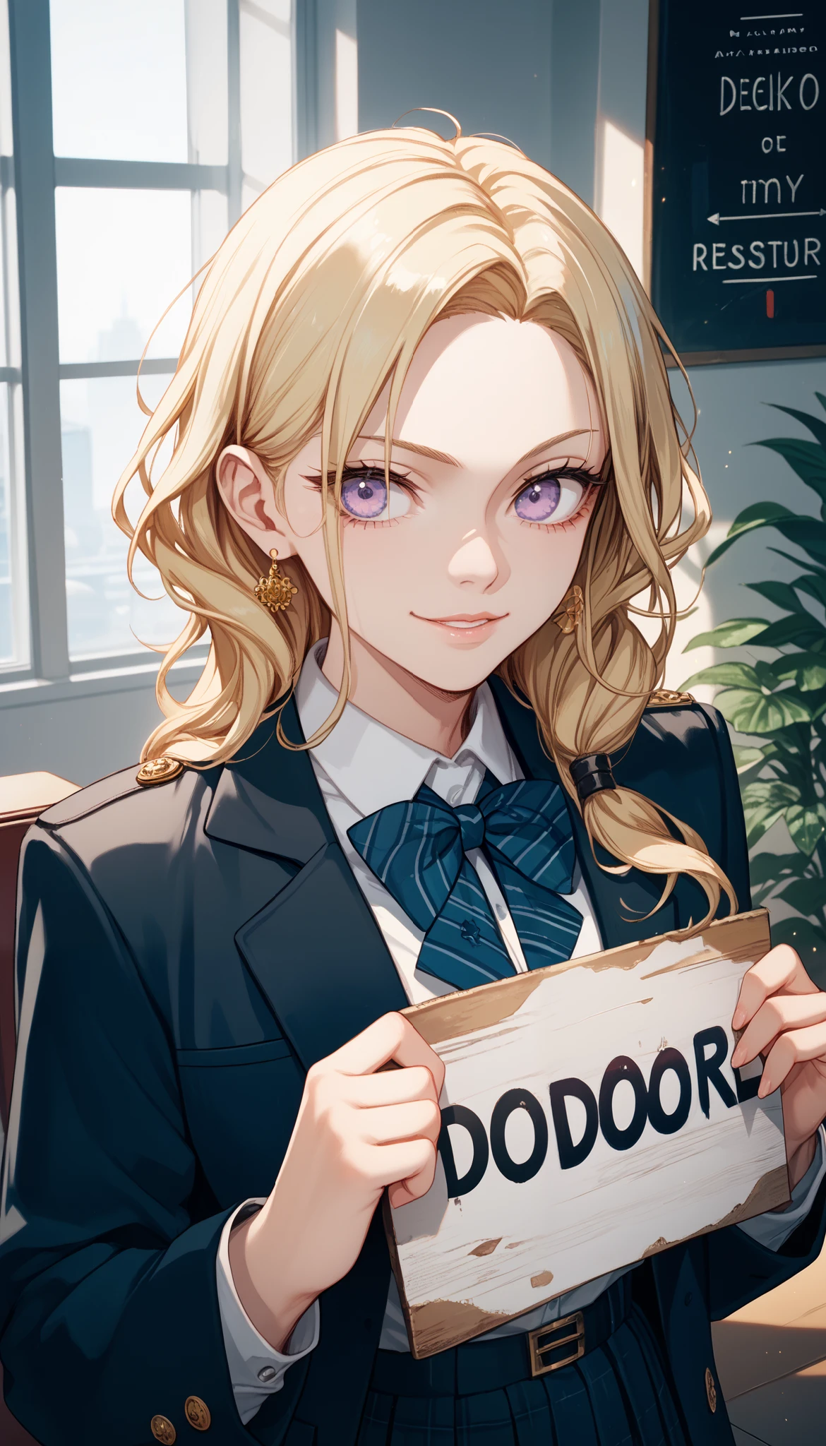 Make a Yandere girl, she has long blonde hair with black highlights, violet eyes, do her wearing a school uniform, in front of her there is a student boy who also has long black hair, golden eyes and sharp canines,
Do her behind him with one hand on his shoulder and her other hand making a sign of silence, she has an unhealthy expression and a sadistic smile
Make him tied to a chair with an expression of anger and fear
The boy is from the anime Tokyo Revengers, Keisuke Baji, do it in the style of the anime Tokyo Revengers pfvr