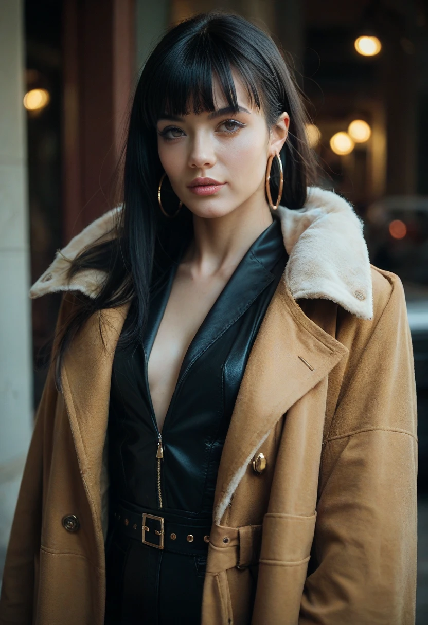a woman in a fur coat is posing for a picture, a screenshot inspired by Amanda Sage, trending on cg society, sots art, as seen on artgerm, zenescope, queen of ice and storm, megan fox witch queen, featured on artgerm, abomasnow, angiewolf, artgerm jsc, artgerm comic