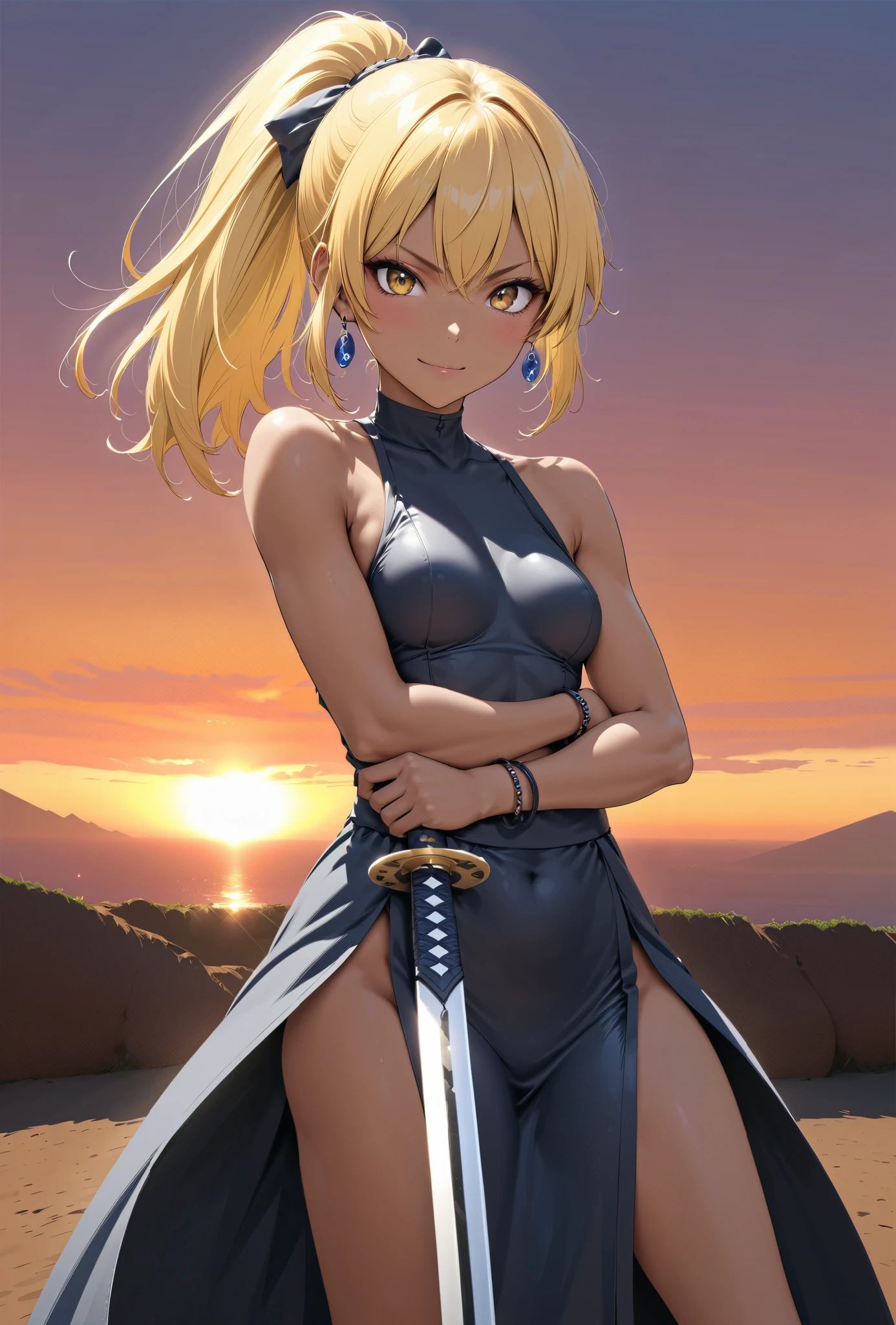 solo（Bike Girl）beauty　 ponytail　blonde　brown skin　 black skin 　 Realistic RAW photos   　 Malicious Expression 　smile　 Look at you　  melancholy mood　earrings　 bracelet、 standing、textured skin　、Shinsengumi、  Japanese sword、 Battle Mania 、 Madness、small breasts in Mbini、Toned Arms、loose dress 、Sengoku Warlord Armor