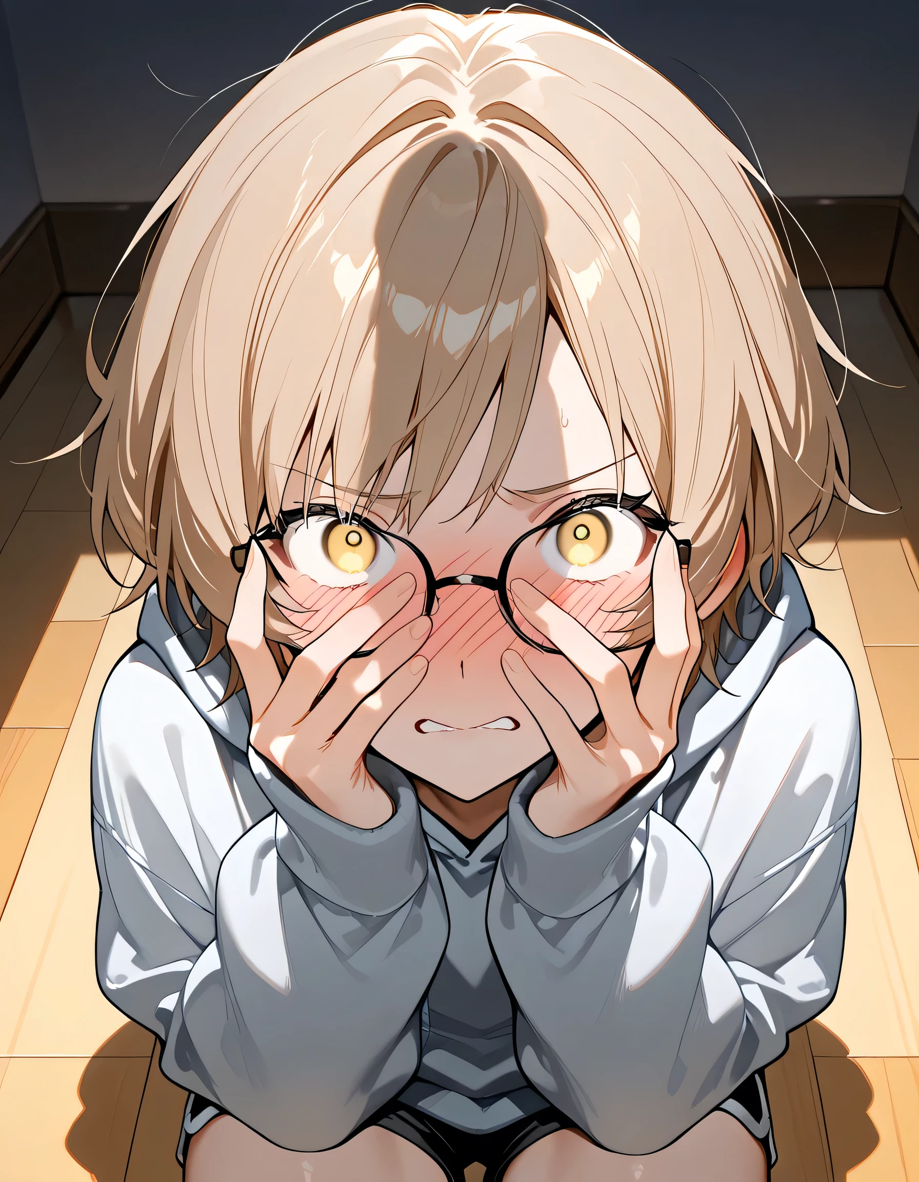 Male, adult, light brown hair, beautiful, male short hair, messy hair, certain hair, parted bangs, light yellow eyes, tall height, skinny body, detailed eyes, detailed face, detailed body, adult, detailed living room, detailed eyes, make up, evening, looking at viewer, front view, solo, grey oversized hoodie, black shorts, thin white glasses, sitting on floor on kneea, twink, detailed image, flustered, embarrassed, hands covering face, through fingers, from above, penis shadow