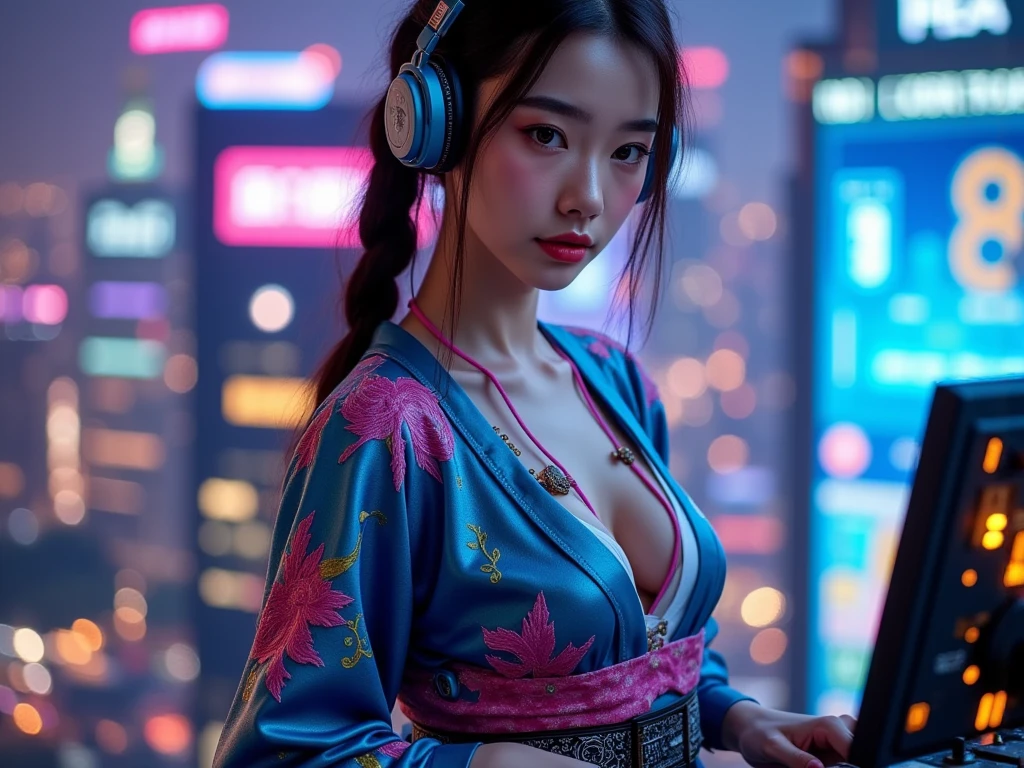 ultra-detailed, cute woman, petite stature, enormous breasts, white skin, alluring figure, rainbow hair, long messy hair, long upper eyelashes, eyebrows behind hair, upturned eyes, light blush, seductive smile, background((dark and messy gaming room, Server Machine, neon lights, Braces, some Computer screen, notebook)), messy paper, flight, Debris flying, writing border depth, Movie, Finished lunch box, Cup drinks, (((seated in a gaming chair))), ((sitting behind a computer)), ((Cross the feet)), (engrossed in staring at the computer screen:1.4), ((hands moving on the keyboard)), , , ((Blue jacket)), Open one shoulders, ((black short bandeau top)), ((white skirt), ((black thigh-high stockings)), ((screen light)), HDR, Premium shadow, Perfect painting, visual art, Perfect art, super detail, chiaroscuro, Best quality, super textured skin, super detail face, perfect face, Super fine facial details, beautiful and delicate eyes, perfect eyes, correct limbs, correct finger, super detail finger, best hair quality, best clothing quality, (((best prop quality))), ccurate, highres, super detail, masterpiece,, (photorealistic:1.3)