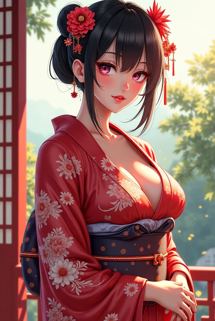 masterpiece: 1.2, best quality), anime, (real picture, intricate details, depth of field), (1girl, solo), perfect eyes, perfect face, perfect hands, perfect lighting, makeup, lips half-open, elf, highly detailed, perfect face, (huge breasts: 1.4), (skindentation), thick thighs, wide hips, thin waist, high, shiny coral lips, silver hair, blue eyes, big ponytail, (A girl, Japanese kimono, fan in hands), (sweat: 1,2), (wet), sexy, blushing,
