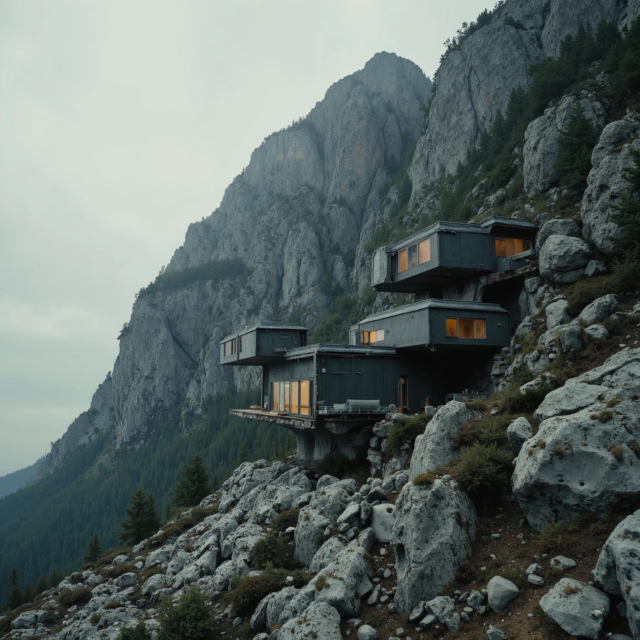 The year is 2510. Humanity and machines have fully integrated, forging a dark utopian existence—a future-tech noir reality infused with brutalist escapism. Remote mountain cabins, post-apocalyptic bunkers, and avant-garde survival pods have become the pinnacle of repurposed, isolated living—hidden sanctuaries far removed from the remnants of the outside world. This is dystopian decadence in its purest form: minimalist gothic apocalyptic surrealism with an otherworldly architectural ethos.
A vast and ominous pale haze blankets the landscape, a post-singularity aesthetic set deep within the Scandinavian mountain outback. Carved into the sheer rock face beneath a towering cliff, an extraordinary bunker-home emerges—a super-dynamic design of impossible, gravity-defying forms, seamlessly integrated into the brutal terrain. Its structure is forged from off-world materials: black concrete, retro-hued shipping containers, industrial corrugated steel beams, and massive support columns, all engineered for absolute resilience. The surrounding environment is stark yet cinematic—a rugged mountain-and-pine backdrop, shrouded in sinister fog and framed against a riveting burnt-sunset noir horizon.
The architecture is a paradox—lush brutalist shadows cast across bizarre, otherworldly geometries, where stacked shipping containers meet monolithic black concrete. The muted, ominous color palette enhances the analog photographic aesthetic, creating a rich, textured atmosphere. This isn’t just a home—it’s a statement of existential defiance, a surreal monolith standing against the vast and indifferent cosmos.
Cinematic drone shots capture its staggering proportions, its vertigo-inducing perspectives, and the sheer, epic scale of its existence. Enormous bay windows carve into the structure, their glass reflecting the dying embers of the apocalyptic sunset, casting eerie golden glows into the stark interior. The ambiance is a contradiction—both mesmerizing and deeply unsettling.