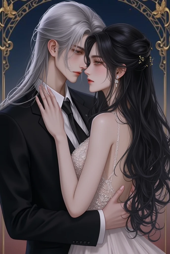 One with long purple hair and purple eyes, pale skin and a tight white dress, she is serious and has no breasts. Next to the woman, there is a man with long black hair, white skin and black eyes, his body is thin and slim, similar to a woman's, his expression is serene.