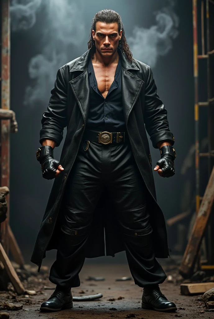 (Ben Barnes) as Mavado from Mortal Kombat, grappling hooks, black sleeveless leather trench coat, the emblem of the Red Dragon clan, black tight-fitting leather pants, leather arm wraps, 1man, solo, full body view, front view, looking at viewer, intricate, high detail, sharp focus, dramatic, photorealistic painting art by greg rutkowski