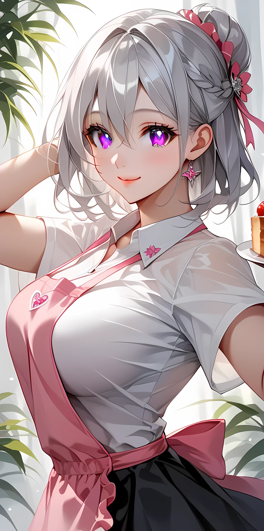 BREAK 1 Japanese girl, 18yo, ((shiny silver hair)), bob cut, bang between eyes, beautiful hair), ((silver eyes:1.5)), (beautiful eyes, twinkle eyes), (athlete body, large breasts), cute face, beautiful face, pretty face, beautiful, good anatomy, long eyelashes, expressive eyes, Perfect Hands, happy, smile, glossy black lips, (close mouth:1.2), perfecteyes, BREAK a japanese cute sexy girl with silvery white hair in an intricate asymmetrical updo. The back of her hair is short and bunched high with the ends fanning out. The left side of her hair frames her face with long, loose strands, while the right side of her hair is loosely swept back over her ears and bunched together with the back hair, creating a slightly unbalanced but elegant look. A high, luxurious hair accessory on top adds a unique and fashionable touch to the hairstyle. Her hair catches the light and gives off a shiny, metallic shine. BREAK ((silver eyes:1.5)), (cute eyes, tareme, twinkle eyes), (large breasts), cute face, beautiful face, pretty face, beautiful, good anatomy, long eyelashes, expressive eyes, Perfect Hands, happy, smile, glossy lips, (close mouth:1.2), perfecteyes, BREAK 1girl, ((black skirt, white shirts:1.5), ((pink apron wearing over the shirts and skirt)), close mouth, close eyes, Cheer, smile, happy, (beautiful standing pose:1.5), BREAK 1girl, morning, daylight, sunshine, She is carrying ((a plate with a toast on it)) on it with both hands with a good smile.BREAK soft lighting, score_9, score_8_up, score_7_up, score_6_up, score_5_up,score_4_up,