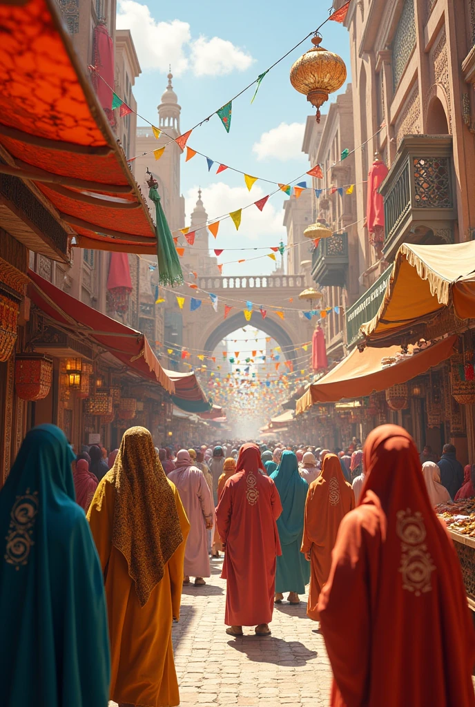 Many Muslim people are shopping in a market, it will be morning, some of them will be children, some will be young, some will be old,
