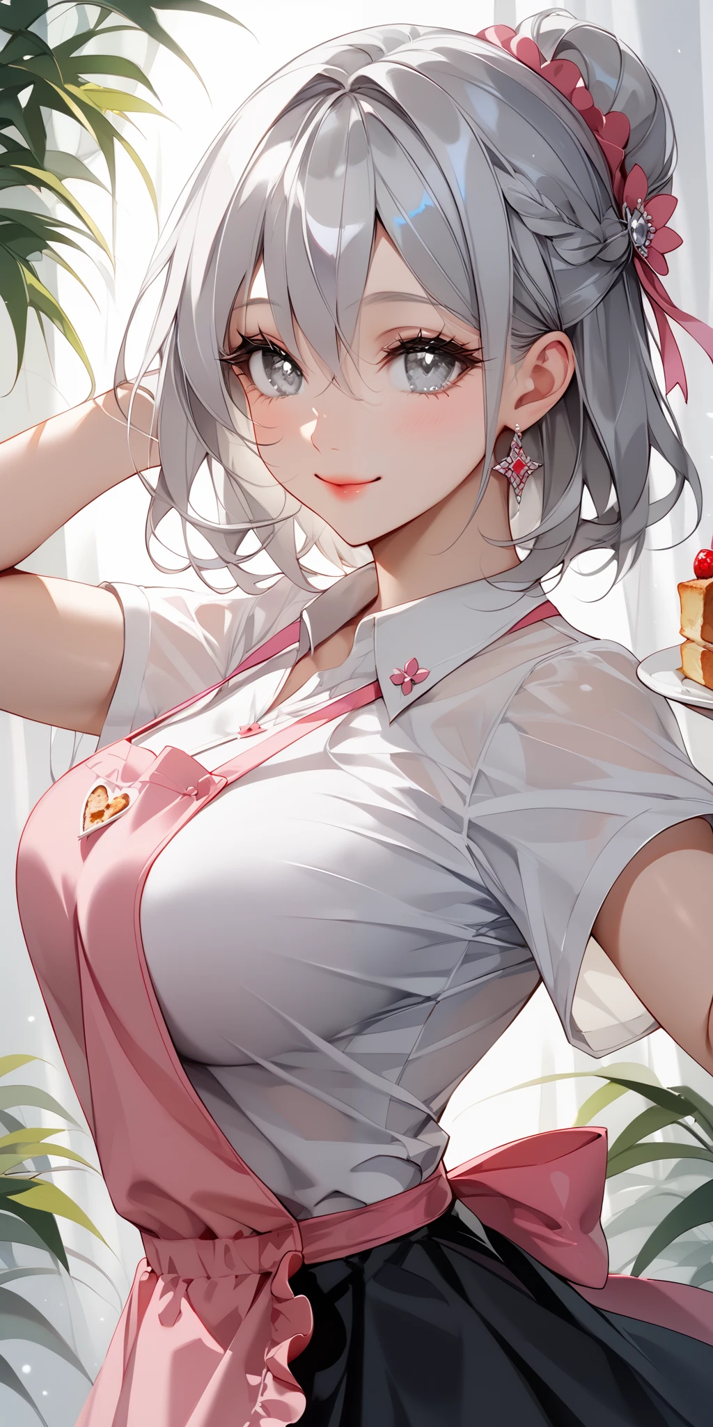 BREAK 1 Japanese girl, 18yo, ((shiny silver hair)), bob cut, bang between eyes, beautiful hair), ((silver eyes:1.5)), (beautiful eyes, twinkle eyes), (athlete body, ), cute face, beautiful face, pretty face, beautiful, good , long eyelashes, expressive eyes, Perfect Hands, happy, smile, glossy black lips, (close mouth:1.2), perfecteyes, BREAK a japanese cute with silvery white hair in an intricate asymmetrical updo. The back of her hair is short and bunched high with the ends fanning out. The left side of her hair frames her face with long, loose strands, while the right side of her hair is loosely swept back over her ears and bunched together with the back hair, creating a slightly unbalanced but elegant look. A high, luxurious hair accessory on top adds a unique and fashionable touch to the hairstyle. Her hair catches the light and gives off a shiny, metallic shine. BREAK ((silver eyes:1.5)), (cute eyes, tareme, twinkle eyes), (), cute face, beautiful face, pretty face, beautiful, good , long eyelashes, expressive eyes, Perfect Hands, happy, smile, glossy lips, (close mouth:1.2), perfecteyes, BREAK 1girl, ((black skirt, white shirts:1.5), ((pink apron wearing over the shirts and skirt)), close mouth, close eyes, Cheer, smile, happy, (beautiful standing pose:1.5), BREAK 1girl, morning, daylight, sunshine, She is carrying ((a plate with a toast on it)) on it with both hands with a good smile.BREAK soft lighting, score_9, score_8_up, score_7_up, score_6_up, score_5_up,score_4_up,