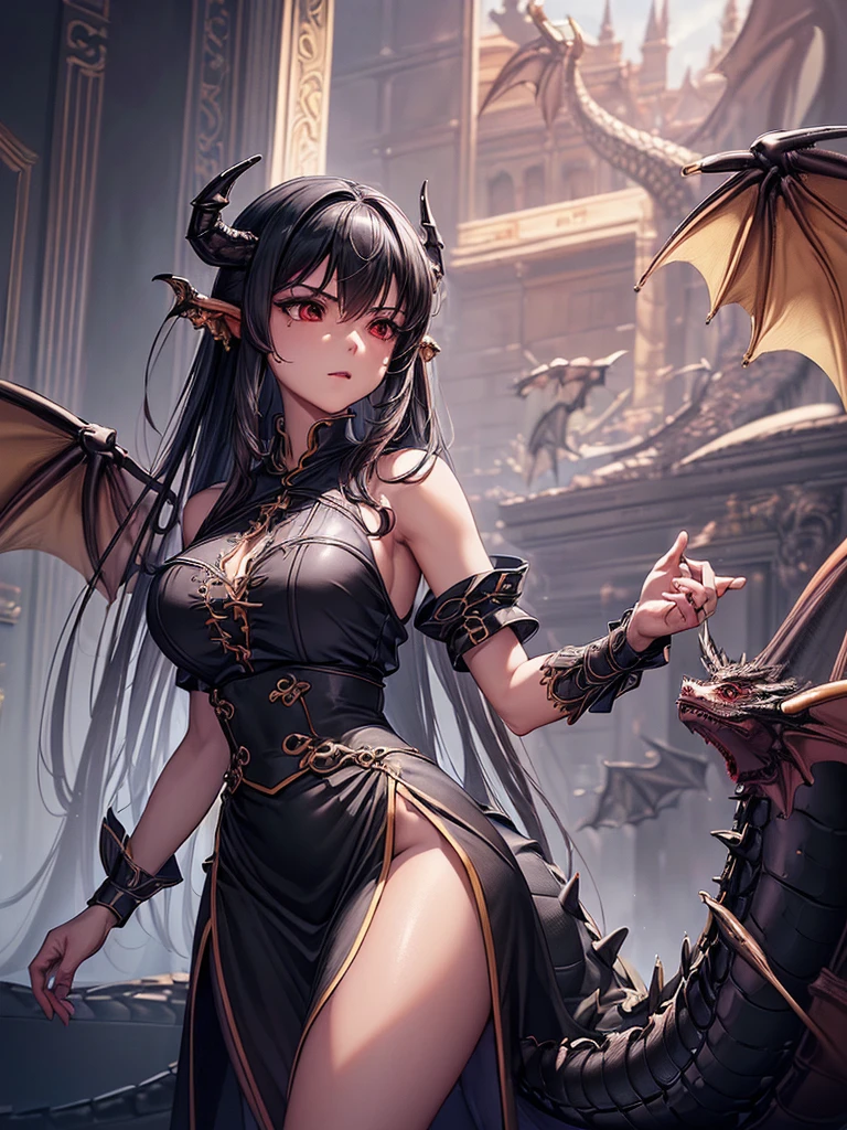 masterpiece, highest quality, movie stills, 1 girl, beautiful woman, red skin, very long jet black hair, yellow eyes, small pointed ears, straight black hair falling to the shoulders, bangs, ((jet black horns in the temples)), bat wings sprouting from lower back, long demon tail,  leather harness adorned with nails and chains, black skirt, legs wraped in leather strap, beautiful legs,  feet, standing, demonic throne room background、Sunset、beautiful sky, close, bright, Happy, warm and soft lighting, sunset, (spark:0.7), small plump , 