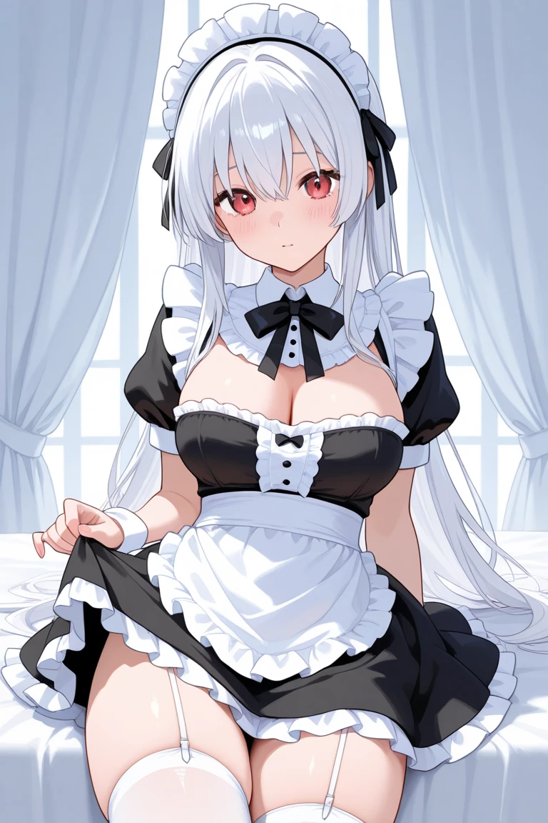 1个Giant Breast Girl, underdressing, White hair, upper legs,Absolute realm， The white_pantiess, long whitr hair, nedium breasts, ，inside bedroom, Hindquarters, By bangs, Chopping, Be red in the face,Black stockings，pantiess，White stockings，Full body lesbian，the maid outfit，Maid skirt，black and white maid clothes，tmasterpiece，cropped shoulders，hijabi sluty，Bow knot，whitegloves，Booties，pass upright，The stands up，wooden floor，no straps，鎖骨，blush blush，ssmile，through bangs