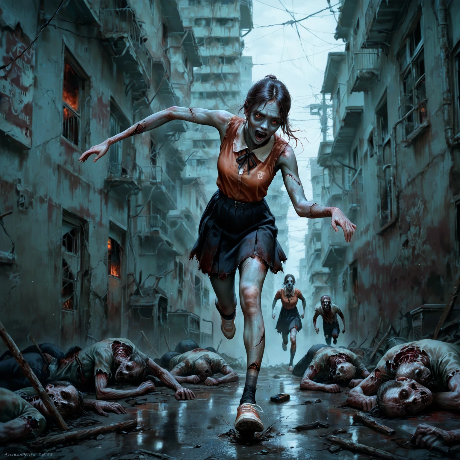 fantasy art 8k,masterpiece
pmmkr2024,best quality, trending on artstation,calm,quiet,Best quality,little evil kid girl controls all the zombies,red bright eyes zombies,apocalypse zombie,running zombies,nice detailed hands,nice detailed face,nice detailed body,perfect art, wearing black-and-red, infected-like tattered robe adorned with zombie markings, face is obscured , (glowing green eyes), ((levitating)), high detail, sharp focus, dramatic, photorealistic painting art ,all people zombies,lurid,toxic,venom,full body,parasite,necromorph,babydoll,terror,horror,virus