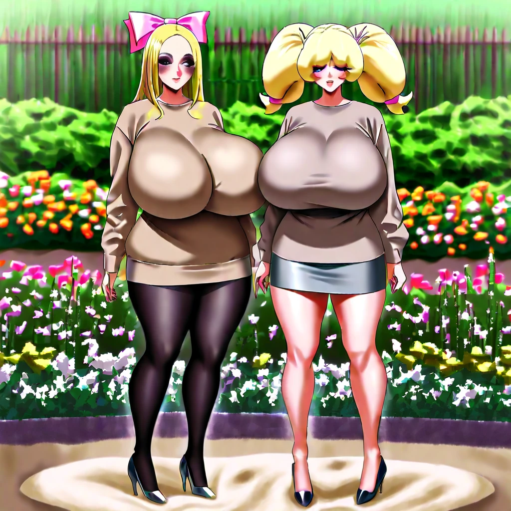 best quality, (masterpiece),(ultra-detailed), (high quality), (high resolution), (2heads:1.5) beautiful girl, ((blonde hair)), ponytails, (heads kissing:1.5), mature woman, gigantic breasts, big butt, sexy, smile, green eyes, tall, tanktop, cleavage, tight jeans, high heels, cowboy shot, party, night, beautiful background, (upper body), sexy proportions