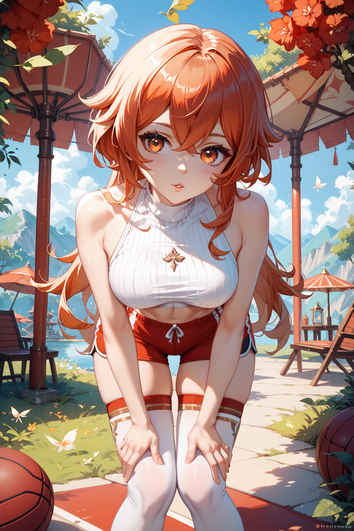 score_9, score_8_up, score_9_up, , masterpiece, high quality, highly detailed, 1girl, hu tao, thin waist, bikini, lake, mountains,