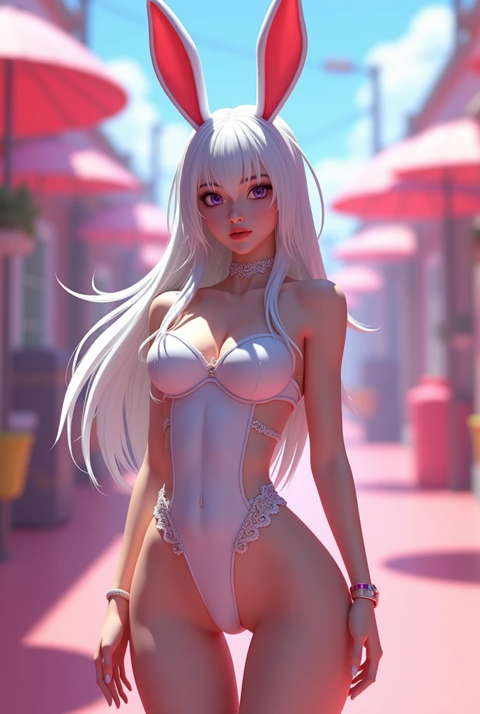 (lace, lace-trim, white elbow gloves, white bow bra, white thighhighs, bare shoulders, thighs, underwear only, bow panties, white choker, g-string, thong:1.4), cleavage, (orange eyes, long white hair, swept bangs, messy hair:1.4), (pink lips, hair flower, pink flower, makeup:1.2), 1girl, thigh gap, ((outdoors, hills, grass, leaves, blue sky, sun, flowers)), (arms by side:1.2), (front view)) (((garter straps, garter belt:1.2)))