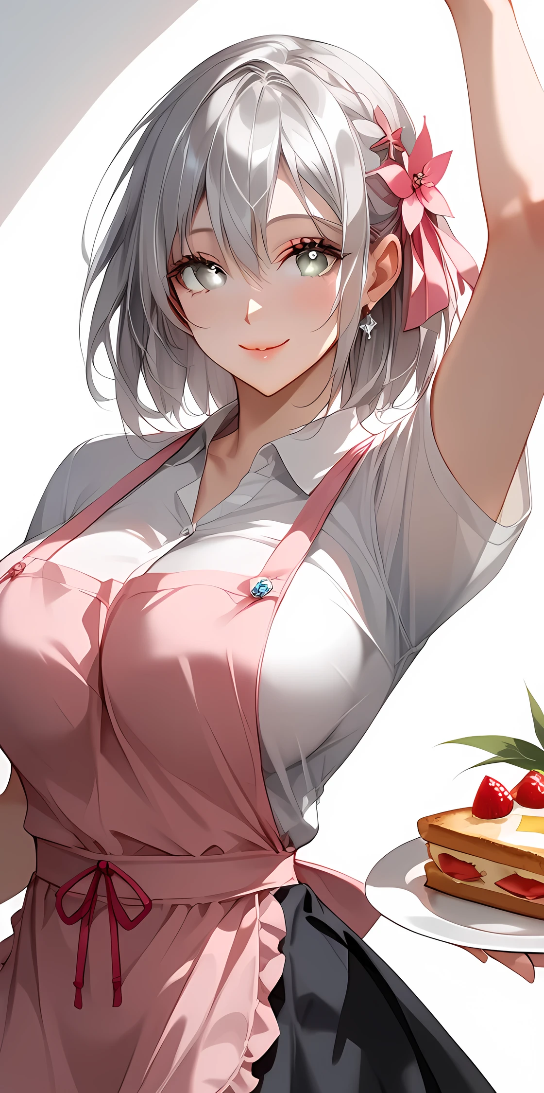 BREAK 1 Japanese girl, 18yo, ((shiny silver hair)), bob cut, bang between eyes, beautiful hair), ((silver eyes:1.5)), (beautiful eyes, twinkle eyes), (athlete body, large breasts), cute face, beautiful face, pretty face, beautiful, good anatomy, long eyelashes, expressive eyes, Perfect Hands, happy, smile, glossy black lips, (close mouth:1.2), perfecteyes, BREAK a japanese cute sexy girl with silvery white hair in an intricate asymmetrical updo. The back of her hair is short and bunched high with the ends fanning out. The left side of her hair frames her face with long, loose strands, while the right side of her hair is loosely swept back over her ears and bunched together with the back hair, creating a slightly unbalanced but elegant look. A high, luxurious hair accessory on top adds a unique and fashionable touch to the hairstyle. Her hair catches the light and gives off a shiny, metallic shine. BREAK ((silver eyes:1.5)), (cute eyes, tareme, twinkle eyes), (large breasts), cute face, beautiful face, pretty face, beautiful, good anatomy, long eyelashes, expressive eyes, Perfect Hands, happy, smile, glossy lips, (close mouth:1.2), perfecteyes, BREAK 1girl, ((black skirt, white shirts:1.5), ((pink apron wearing over the shirts and skirt)), close mouth, close eyes, Cheer, smile, happy, (beautiful standing pose:1.5), BREAK 1girl, morning, daylight, sunshine, She is carrying ((a plate with a toast on it)) on it with both hands with a good smile.BREAK soft lighting, score_9, score_8_up, score_7_up, score_6_up, score_5_up,score_4_up,