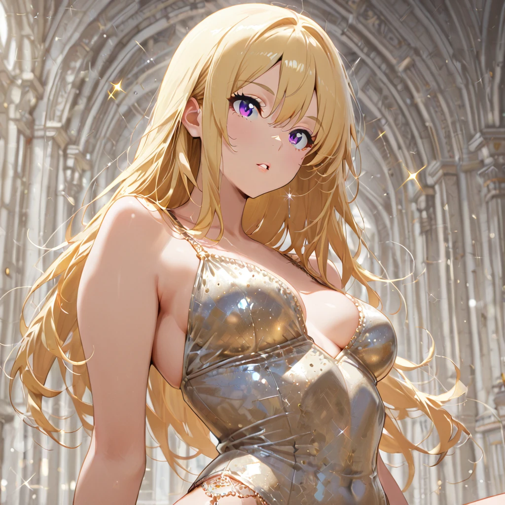 Envision an anime girl with rose-gold hair styled in ethereal curls, embodying the brilliance of diamonds under starlight. Her latex swimsuit, a celestial marvel, features a rose-gold tone with glittering diamond-like patterns. Posing in a moonlit garden filled with oversized diamond sculptures, she stands with a sense of regal poise. The latex swimsuit has intricate diamond-shaped details and metallic lace trims, and her expression is one of elegant enchantment, capturing the Diamond Starlight Princess.