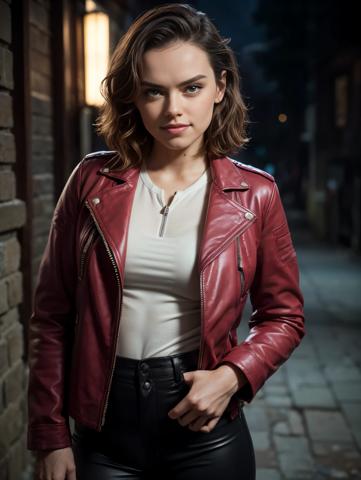 (Daisy Ridley, perfect eyes, brown eyes, realistic eyes, standing), (dim lighting, shadow, darkness, nighttime),(best quality, 4k, Altas, master part:1.2),(large breasts:1,perfect round butt),(wavy hair:1.1),ultra-detalhado, (slight smile),(red leather jacket, the jacket has many zippers and rhinestones:1.1, zipper all over the jacket:1.1),(black pants, sexy pose), (t-shirt has a mix of turquoise and pink colors:1), (background is an old Western tavern), a figura deve estar deitada na cama de forma sedutora, A figura deve ter belos olhos detalhados, beautiful detailed lips, and extremely detailed eyes and face with long eyelashes. A paleta de cores deve apresentar tons quentes, Enhancing the sensuality of the image, highlighting the contours of the figure and creating a sense of depth and mystery