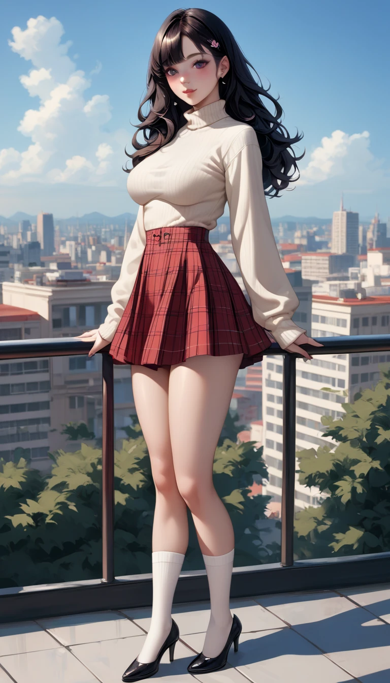 a girl with red low-cut V-opening sweater, medium breasts, white mini skirt, long stockings, flirtatious look, very well detailed, cityscape or academy, long black hair, photorealistic image.