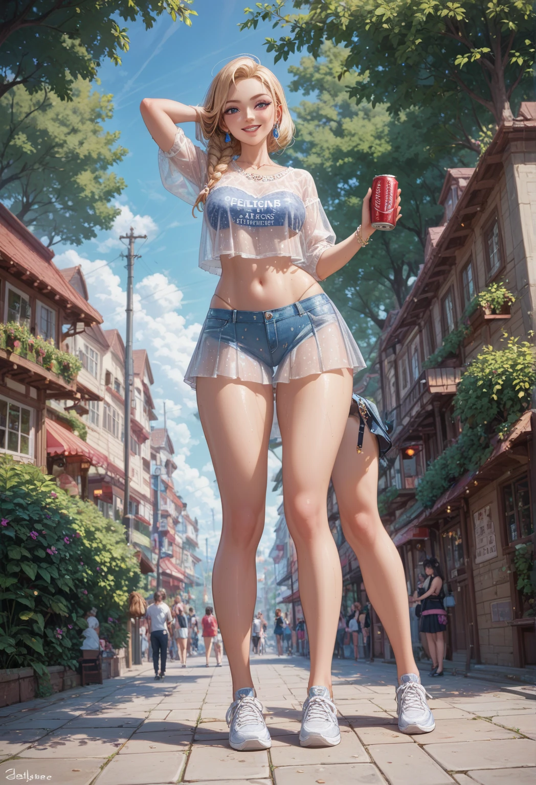 masterpiece, hyper realistic, realistic skin, best quality, 1girl, city pop, market, puddle, philippines, looking at another, topless, full body, vector illustration, nipples, light smile, blunt bangs, long hair, tube top, stomach, navel, bare shoulders, blonde, ponytail, wet, soaked, people on background, manila, raining, dolphin shorts, child, petite, tropical, sneakers, laughing, hands up, jumping, tongue out, long tongue, sweaty