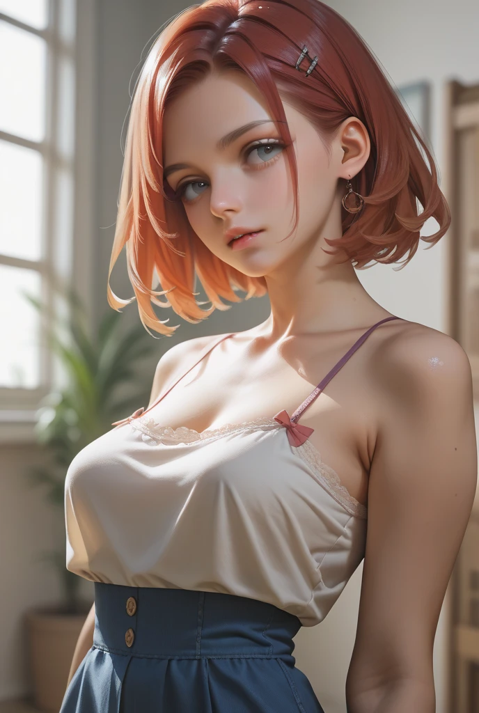 (Traditional Media:1.2), (2D:1.2), Illustration, (((Masterpiece))), (((16 year old girl))), (((shirt lift))), (nipslip:1.3), (orange hair:1.3), (short hair:1.3), (messy and wild hair:1.3), highres, absurdres, blurred background, no bra, photorealistic, lifelike, steamy, blushing, sleeveless, youthful appearance, (seductive smile:1.2), (lip gloss:1.3), (glossy eyeshadow:1.2), (t-shirt:1.3), (looking at viewer), ((bare skin)), (shiny skin:1.3) ((small chest)), (white bandana:1.2) (semen:1.3) correct anatomy, perfect face, detailed green eyes, (choker:1.3), thighs, mascara, fair skin, beautiful