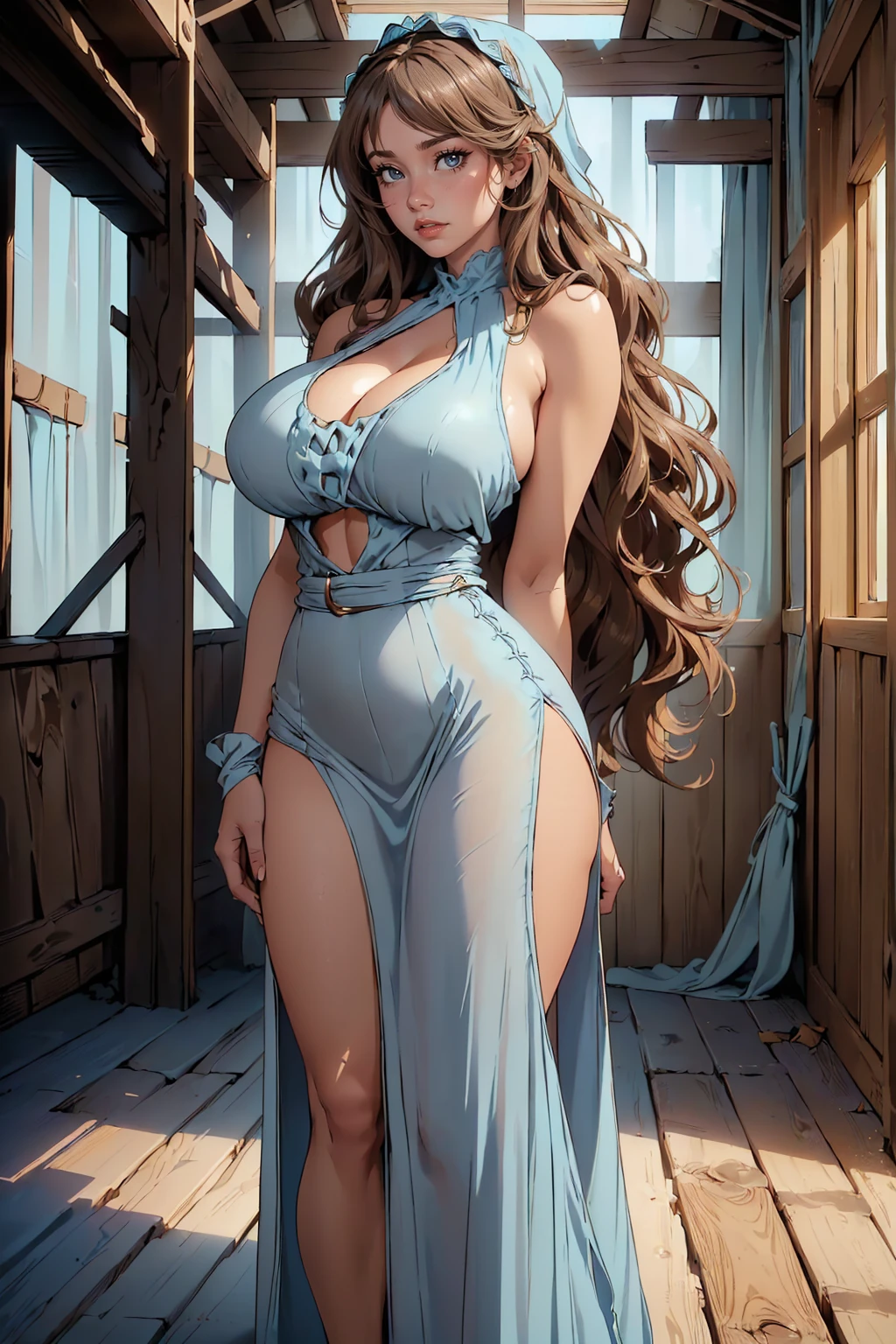 Best quality, masterpiece, ultra high res, raw photo, beautiful and aesthetic,deep shadow, dark theme,(ultra detailed:1.3),
1girl, dynamic pose, Headdress, (beautiful face, detailed eye:1.2), embarrassed, (busty breasts, gigantic breasts:1.1), drill hair, long hair, blonde hair, gradient hair, yellow eyes, solo, big hair, blue hair, divine goddess, looking at viewer, indoors, royal palace, medieval bedroom, canopy bed, candlelight, luxurious, astraea, full body, (wearing flamenco_dance_dress:1.3), pink dress, ornaments