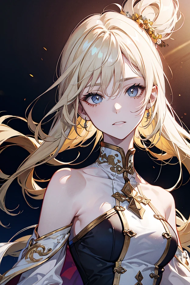 Red dress, HD, hdr, sharp focus, Night forest shape, nebula sky dark, glowing particles, White frills, Blue eyes, masterpiece, best quality, Blonde, long hair, <lyco:ifrit_vt:0.6>, Diadem, (Small breast:1.2)
