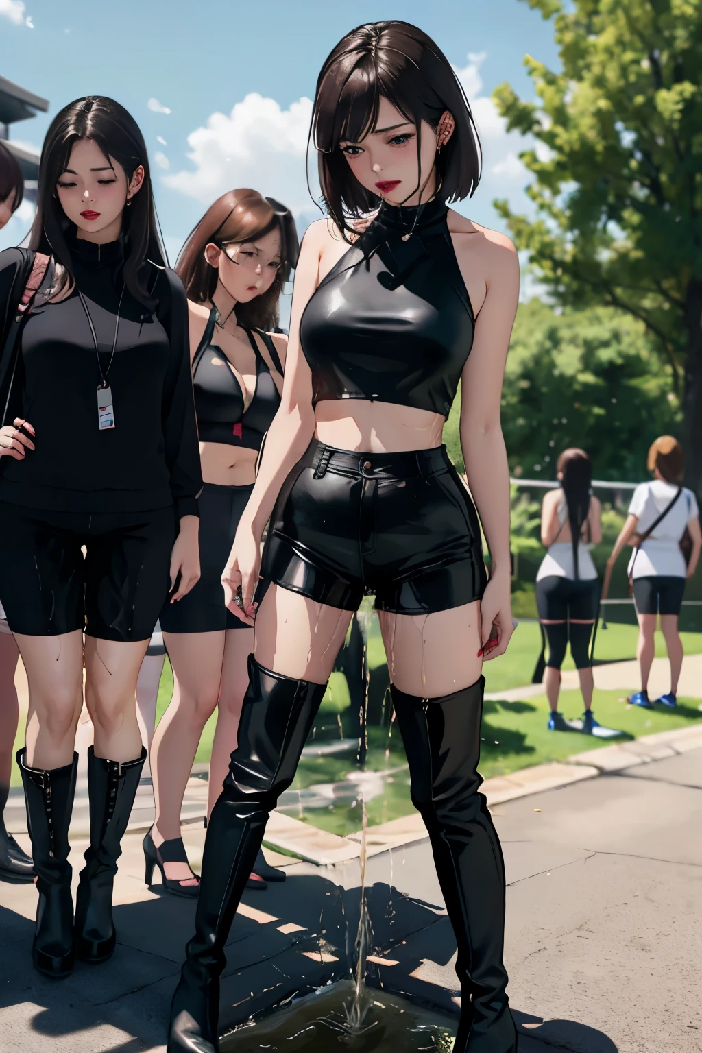 anime, best quality, high quality, highres, beautiful women, high detail, good lighting, lewd, hentai, (((bike shorts))), (leather halter top), (bare midriff), (cameltoe), (((leather thigh high heel boots))), (wet shorts), (((wetting herself))), (((peeing herself))), (((peeing self))), (pee streaming down legs), peeing stain, (puddle), (thick thighs), nice long legs, lipstick, detailed face, pretty face, humiliated, embarrassed, ((outdoors waiting for bathroom with line of women in queue)), hihelz