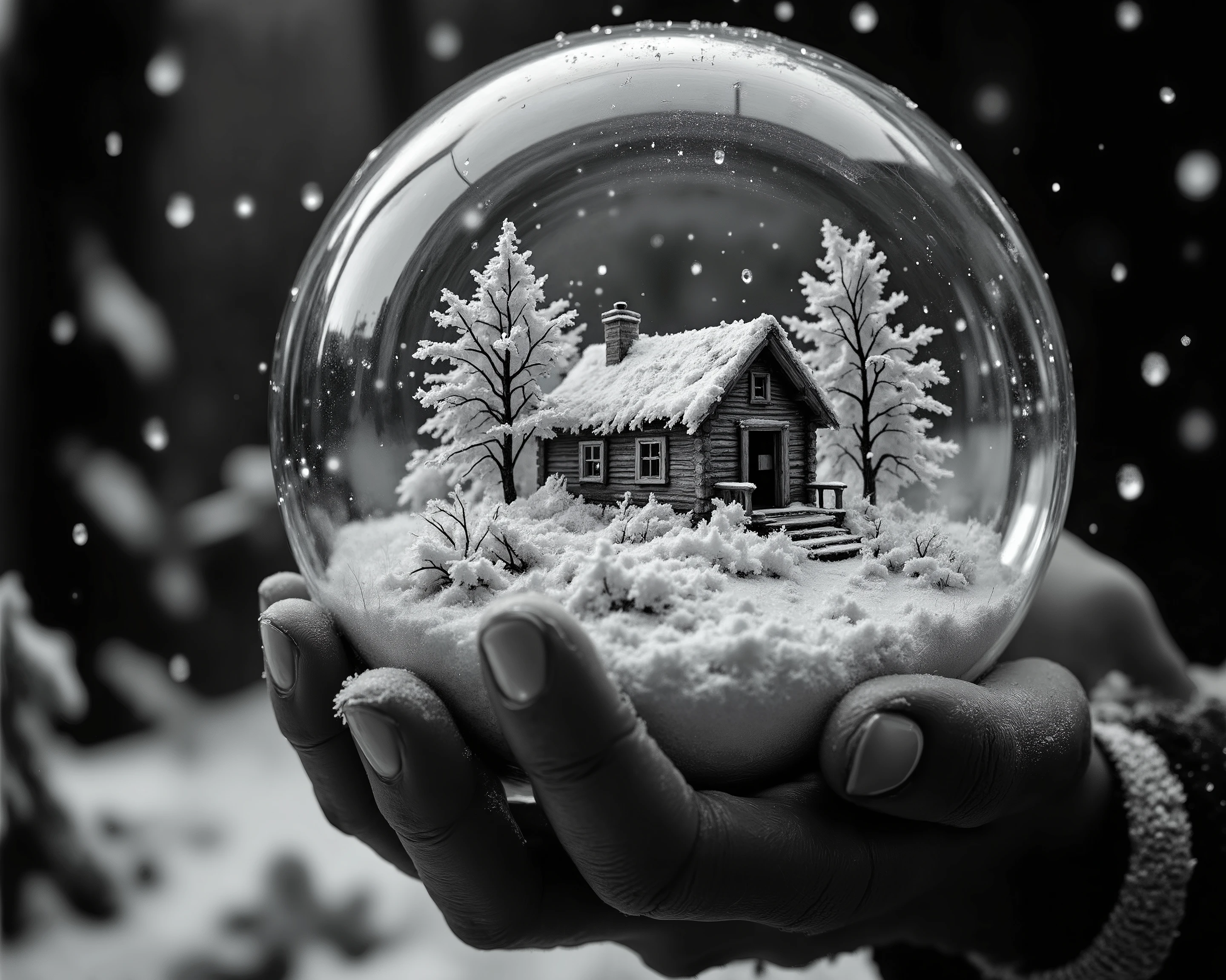 A cinematic, black-and-white image recreating the iconic snow globe scene from Citizen Kane. The glass globe is helf aloft by one man's hand, fingers curved around it, with soft highlights reflecting off its surface.

Inside the globe is a simple, snow-covered cabin, stark and unadorned, resting alone in a blanket of artificial snow. There are no trees, only the humble structure evoking isolation and nostalgia.

A gentle snowfall effect overlays the entire image, as if snow is falling both inside and outside the globe, blurring the line between reality and memory.

The scene is rendered with a slight film grain, enhancing the vintage 1941 aesthetic and giving the image a subtle texture reminiscent of classic cinema.

The mood is somber and reflective—a powerful symbol of fading innocence, memory, and the passage of time.

