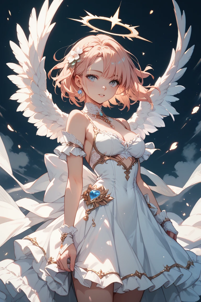 A beautiful female angel, pink short hair, angelic wings, glowing crown scepter, black dress, (best quality,4k,8k,highres,masterpiece:1.2),ultra-detailed,(realistic,photorealistic,photo-realistic:1.37),extremely detailed eyes and face,longeyelashes,detailed ornate dress,dramatic lighting,intricate jewelry,fantasy,digital art,cinematic lighting,dramatic pose,dark atmosphere
