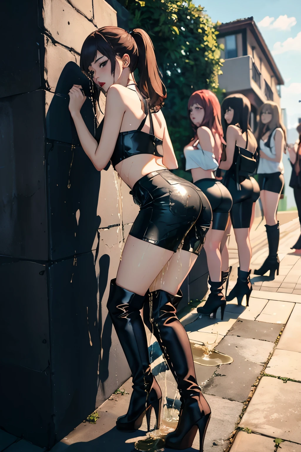 nsfw, Masterpiece、Highest quality、Three different types of women、Sexy female succubi、She looks like a with an innocent and cute face.、Very attractive、Short、Naked with a black cloak、Super huge beautiful breasts、Pink nipples、Perfect Style、Group sexual advances、Wicked Smile、Exaggerated invitations、Back alley at night