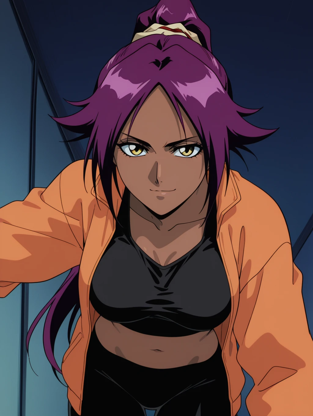 1 woman, yoruichi shihouin, dark skinned, long dark purple hair, ponytail, ((detailed eyes:1.2)), wearing tanktop, sexy, sensual, sleeveless, underboob, masterpiece, top quality, best quality, official art, beautiful and aesthetic:1.2), extreme detailed, colorful, highest detailed