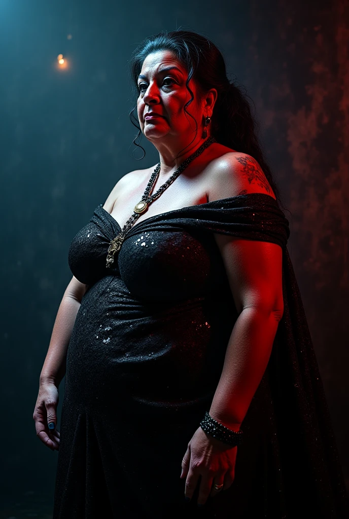Big chubby aunty, milf, cougar lady witch, horny Gothic milf, 70 years old gorgeous mature lady, pervert demoness, demoness of lust, curvy, red lips, horny face, extremely gorgeous, thick figure, heavy physique, voluptuous, curvy, sexy figure, Fashionable portrait of androgynous alien looking witch wearing veil, glowing eyes, futuristic design, minimal details, givenchy, photoreal, 200mm, hd, f/ 2.0, highly detailed, surreal, sexy beautiful evil woman, sexy bold sequin red Saree with strapless Bra, chudail, Pishachini, horror genre, blood-thirsty enchantress, powerful female spirit, eerie, drop dead, in the style of red and blue, (intricate details, hyperdetailed:1.15) (skin texture:1.2), dark Moody tone, cinematic lighting, haunted place in background,