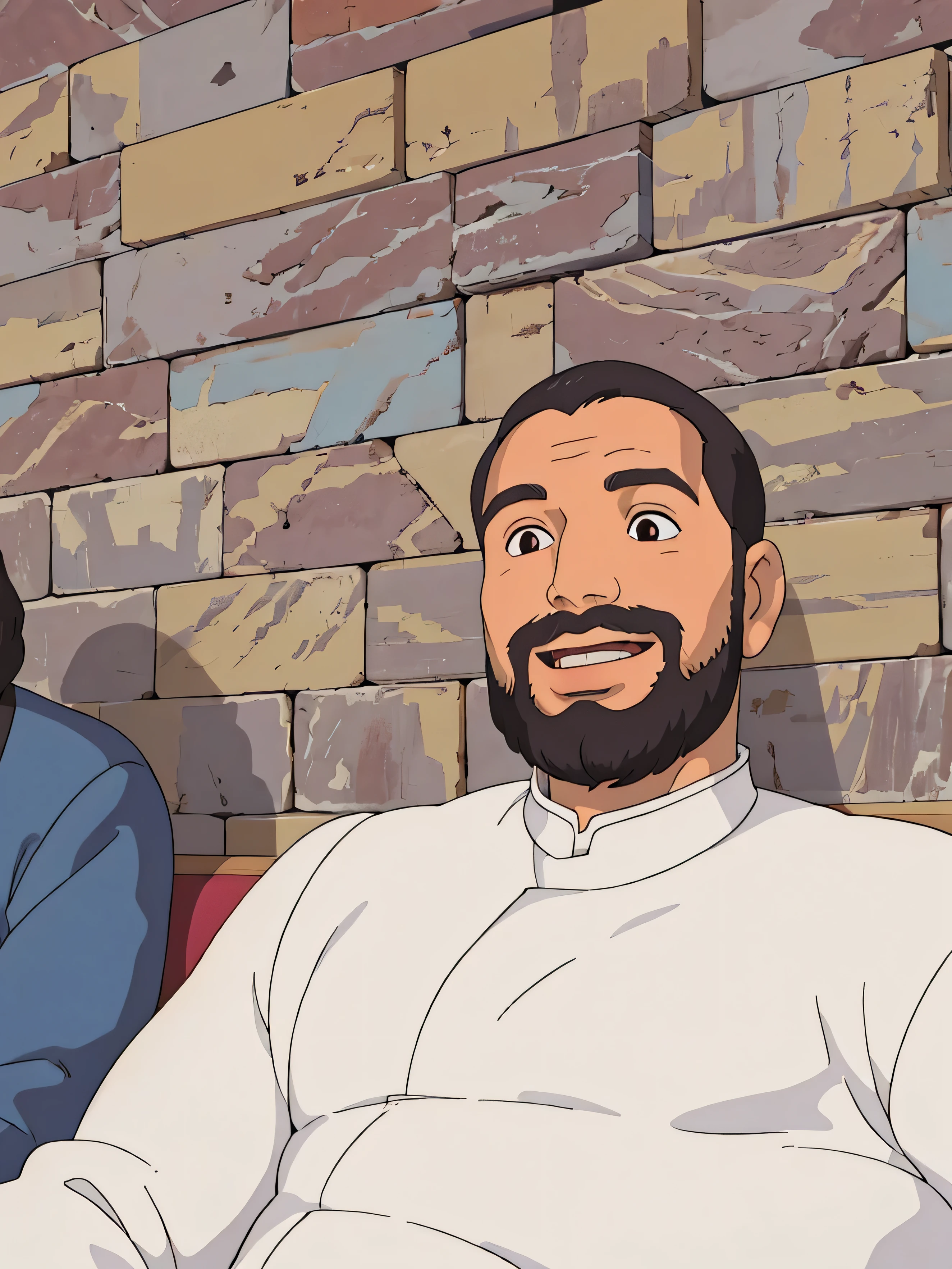 there are two men sitting next to each other on a couch, mohamed reda, ahmad merheb, mohamed chahin, very very low quality picture, ismail, riyahd cassiem, mutahar laughing, amr elshamy, professional profile picture, saadane afif, emad mostaque, hicham habchi, mohamed chahin styleghibli style, ((masterpiece)),((best quality)),(detailed),Illustration,8k,colorful, high contrast