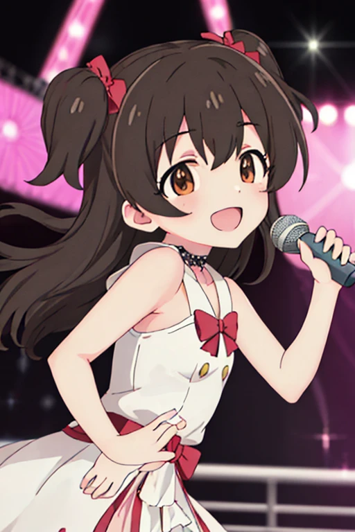 (masterpiece, Highest quality), One girl,    Yunyun,Long Hair,Braiding,Twin tails,Hair between the eyes,Red hair ribbon,hair ornaments,large round breasts,、Pink Skirt、Black Hair、Crown Blade,Black Shirt, Long sleeve,Pink tie, belt, Cleavage cutout、Above the knee、(blush:1.2)、Young face、A lively face、(Singing on stage with a microphone in one hand:1.2)、The underwear is pink、Fluttering Skirt