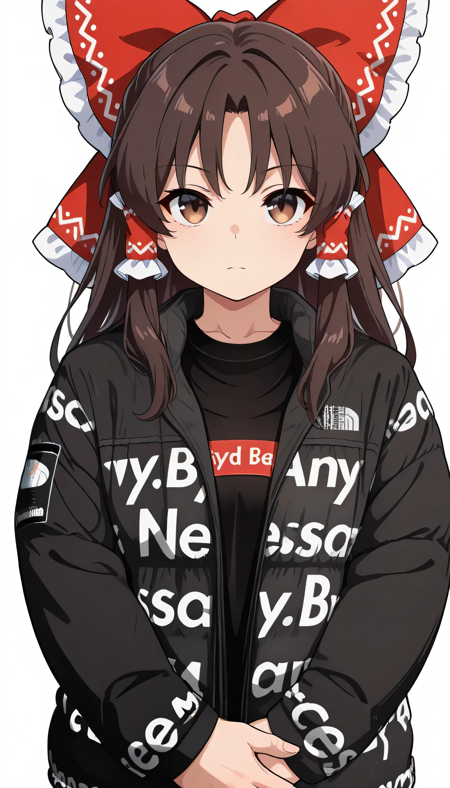 meme, white background, simple background, black jacket, black shirt, long sleeves, clothes writing, english text, logo, brand name imitation, straight-on, own hands together,hakurei reimu, 1girl, solo, brown eyes, brown hair, long hair, sidelocks, small breasts,
hair bow, hair tubes, 