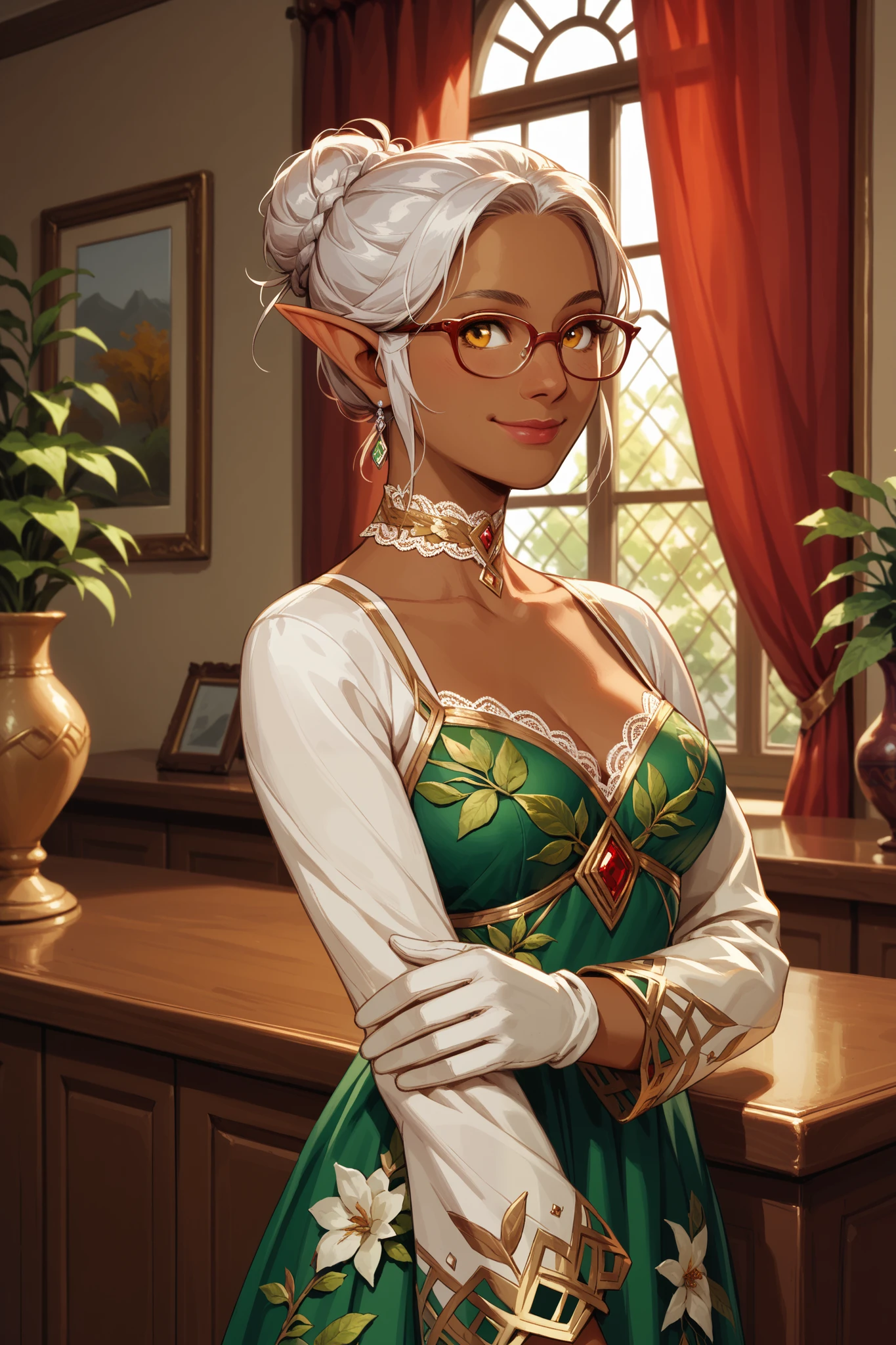 (masterpiece) elf, female, pointed ears, brown skin, (white hair tied in single bun), amber eyes, green frilled dress, sleeves past wrist, golden leaf shaped patterns on dress, red lace choker, white transparent gloves, glasses, adjusting her glasses, (elegant smile, classy, confident), standing in an 18th century tailor shop, ornate wooden interior, natural design, dungeons and dragons, fantasy art, npcp, small floral tatoos on both cheeks