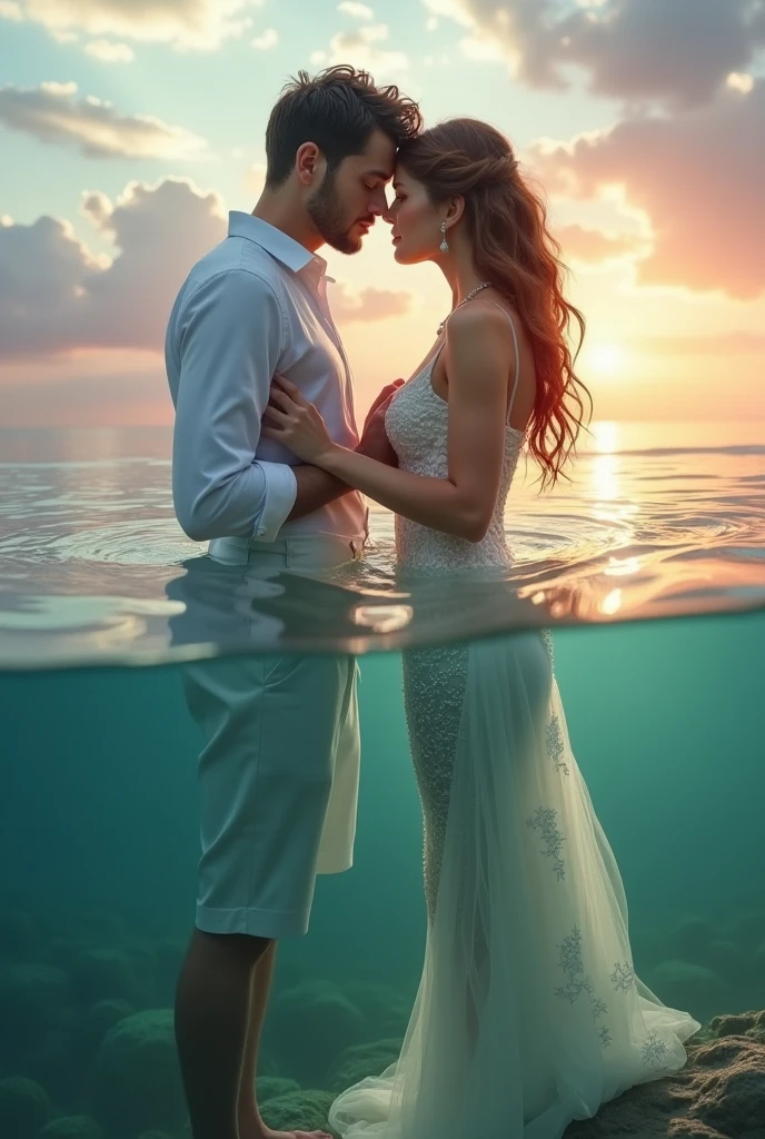 The sun dips below the horizon, casting a kaleidoscope of colors across the beach. Vibrant purples, pinks, and blues blend together in a mesmerizing dance, reflecting off the rippling water. A couple embraces, their love radiating amidst the ethereal atmosphere. Rendered with a high-definition render engine, capturing every detail of the shimmering light and sand grains, inspired by the works of landscape photographer Ansel Adams.