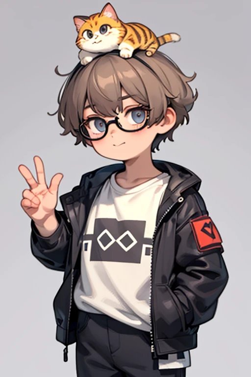 Anime boy, 10 years old, short and wavy platinum blond hair, heterochromia iridium, bright blue and light green eyes, silver glasses