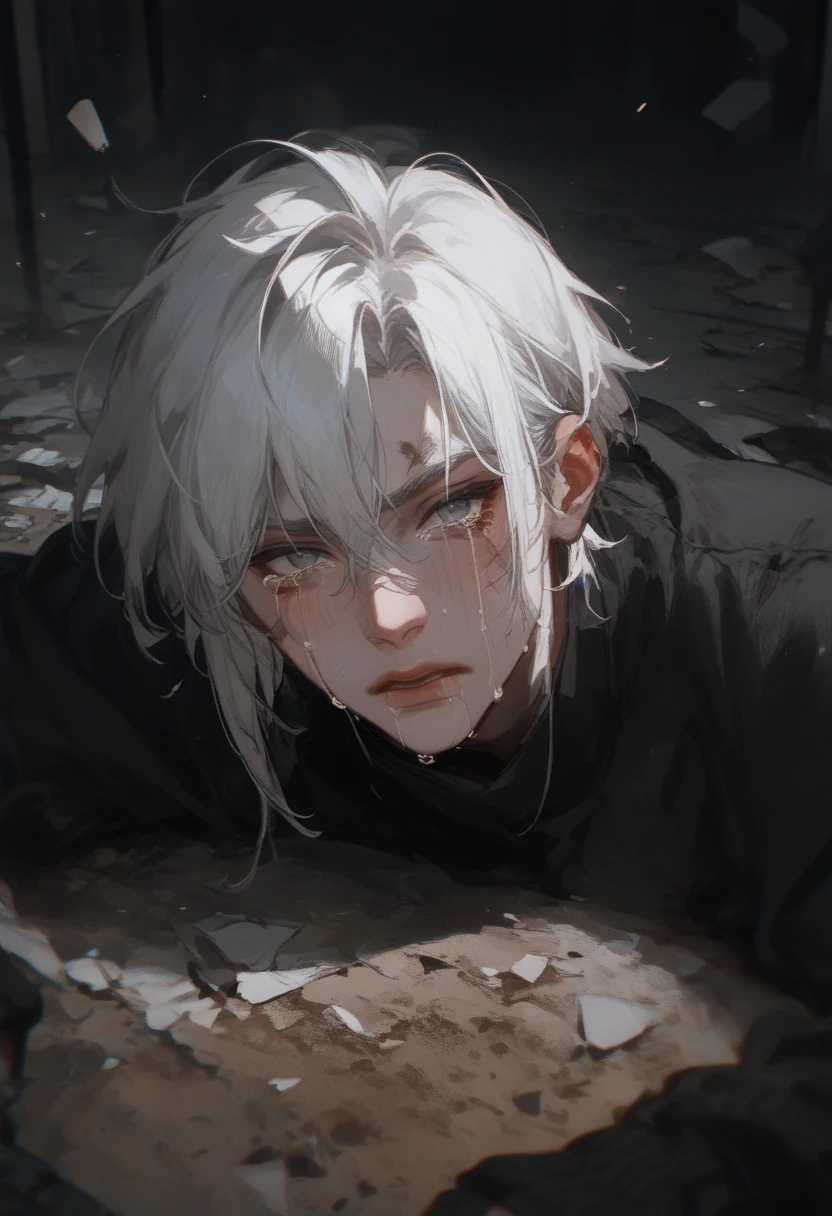 Girl hugs a boy with gray hair, the image dissolves in a haze of ashes, fire, realism, high detail, good clarity, fantasy, 4kk, 8kk