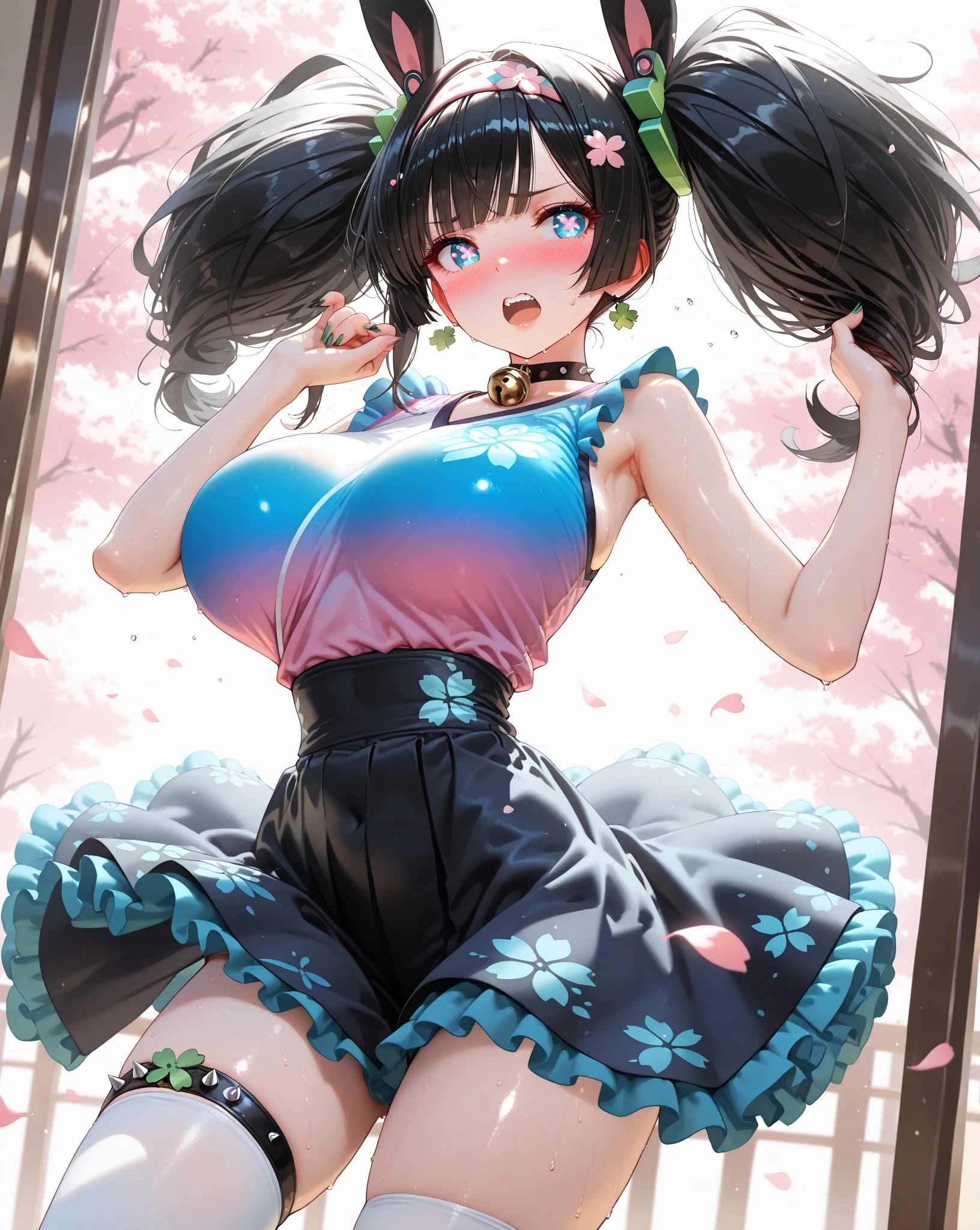 highest quality,wonderful,finely,extremely detailed CG Unity 8K wallpaper, (1 Girl,Black Hair, Purple Eyes,double bun), (gigantic breasts:1.2), (japanese swimwear:1.1), (Underboob:1.2), (open mouth), (embarrassed), (zettai ryouiki:1.2),(Waistline:1.2), (Are standing:1.2)