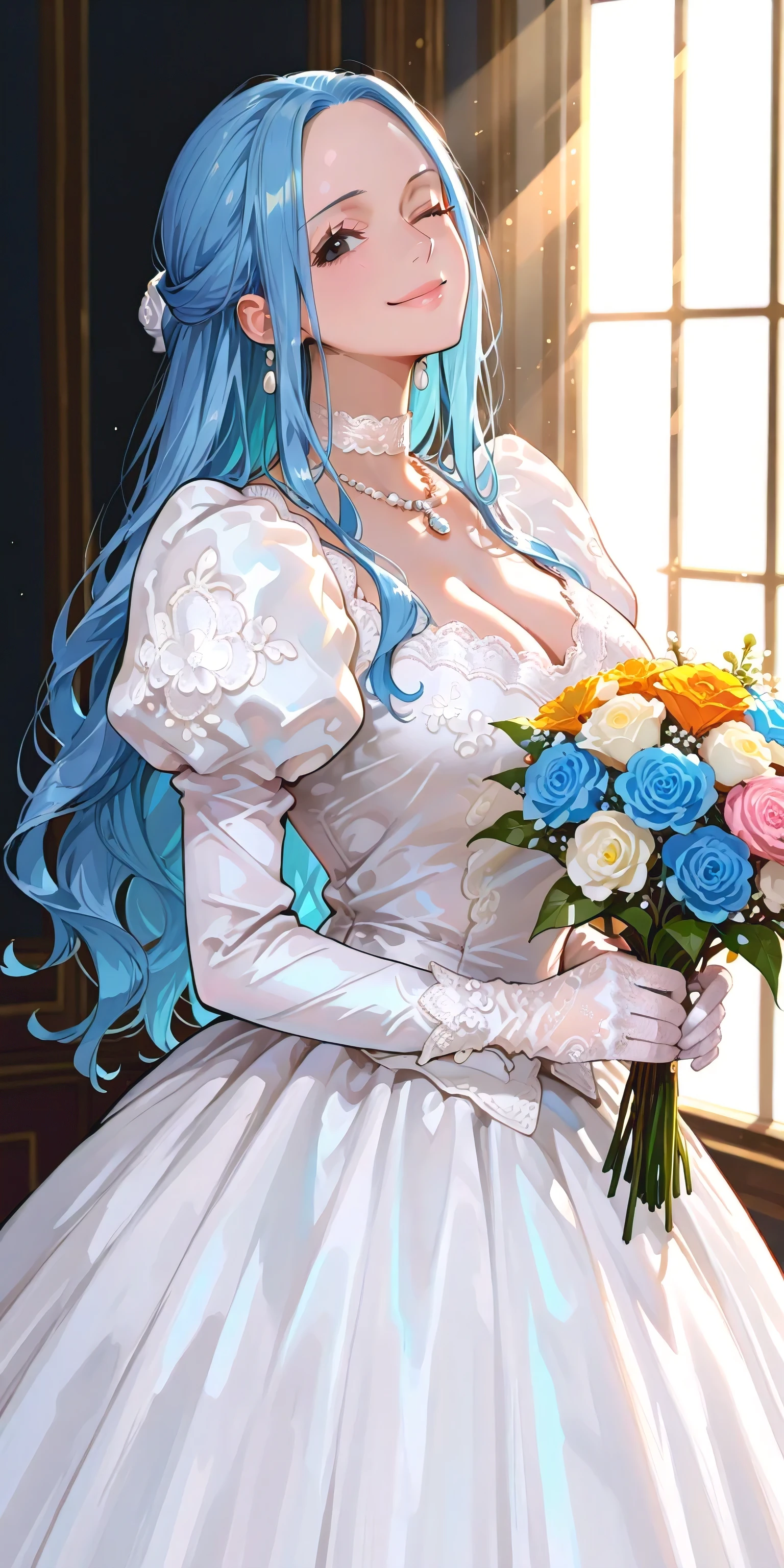masterpiece, absurdres, newest, best quality, amazing quality, very aesthetic, beautiful woman, Nefertari Vivi, one piece, blue hair, long hair, beautiful black eyes, looking at viewer, smile, wink, ;), wedding dress, lace trim, choker, necklace, long dress, lace gloves, juliet sleeves, long sleeves, holding flower bouquet, close-up, facing up, cowboy shot, side view, simple background, vivid colors, volumetric lighting, soft lighting