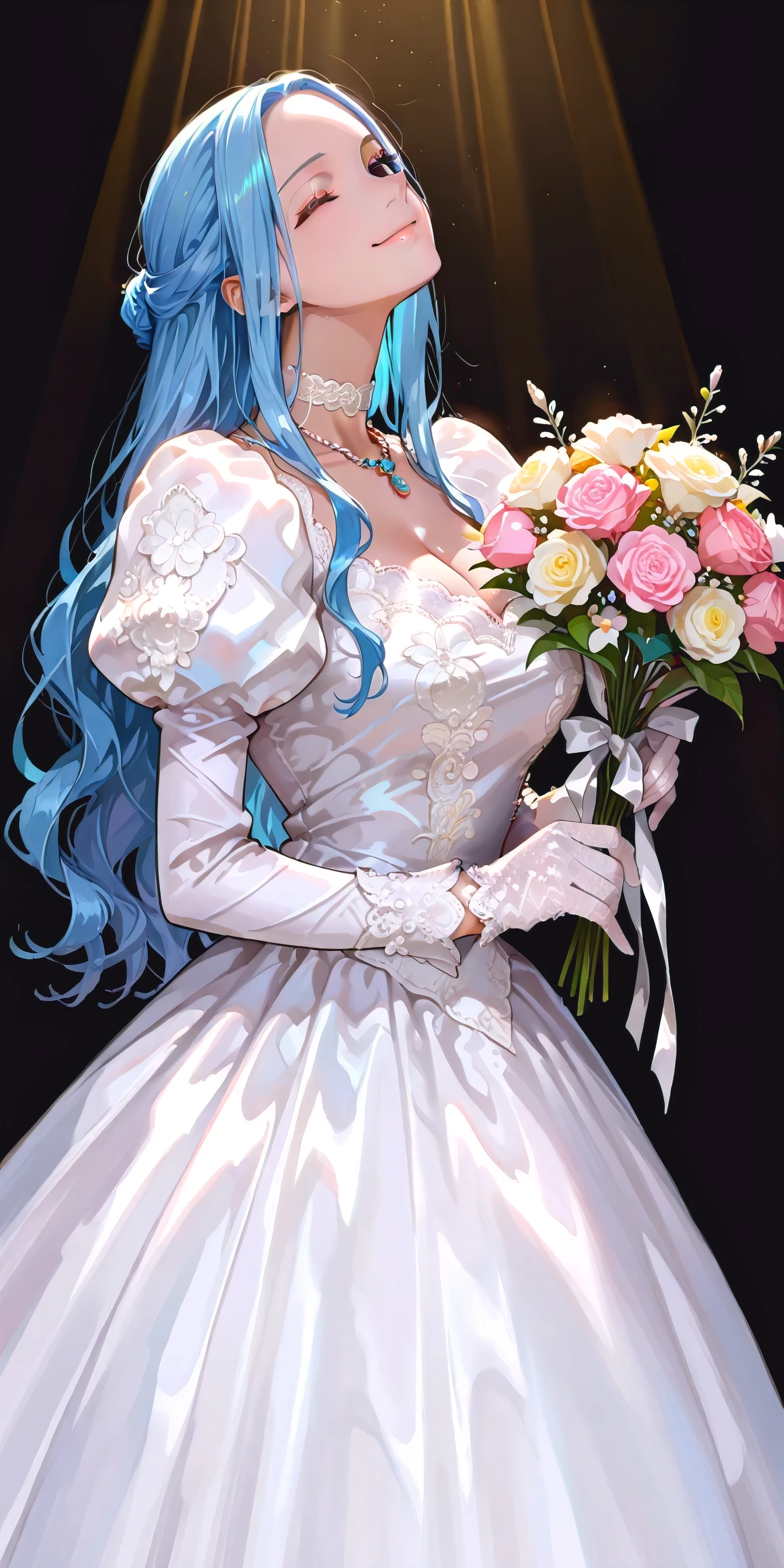 masterpiece, absurdres, newest, best quality, amazing quality, very aesthetic, beautiful woman, Nefertari Vivi, one piece, blue hair, long hair, beautiful black eyes, looking at viewer, smile, wink, ;), wedding dress, lace trim, choker, necklace, long dress, lace gloves, juliet sleeves, long sleeves, holding flower bouquet, close-up, facing up, cowboy shot, side view, simple background, vivid colors, volumetric lighting, soft lighting