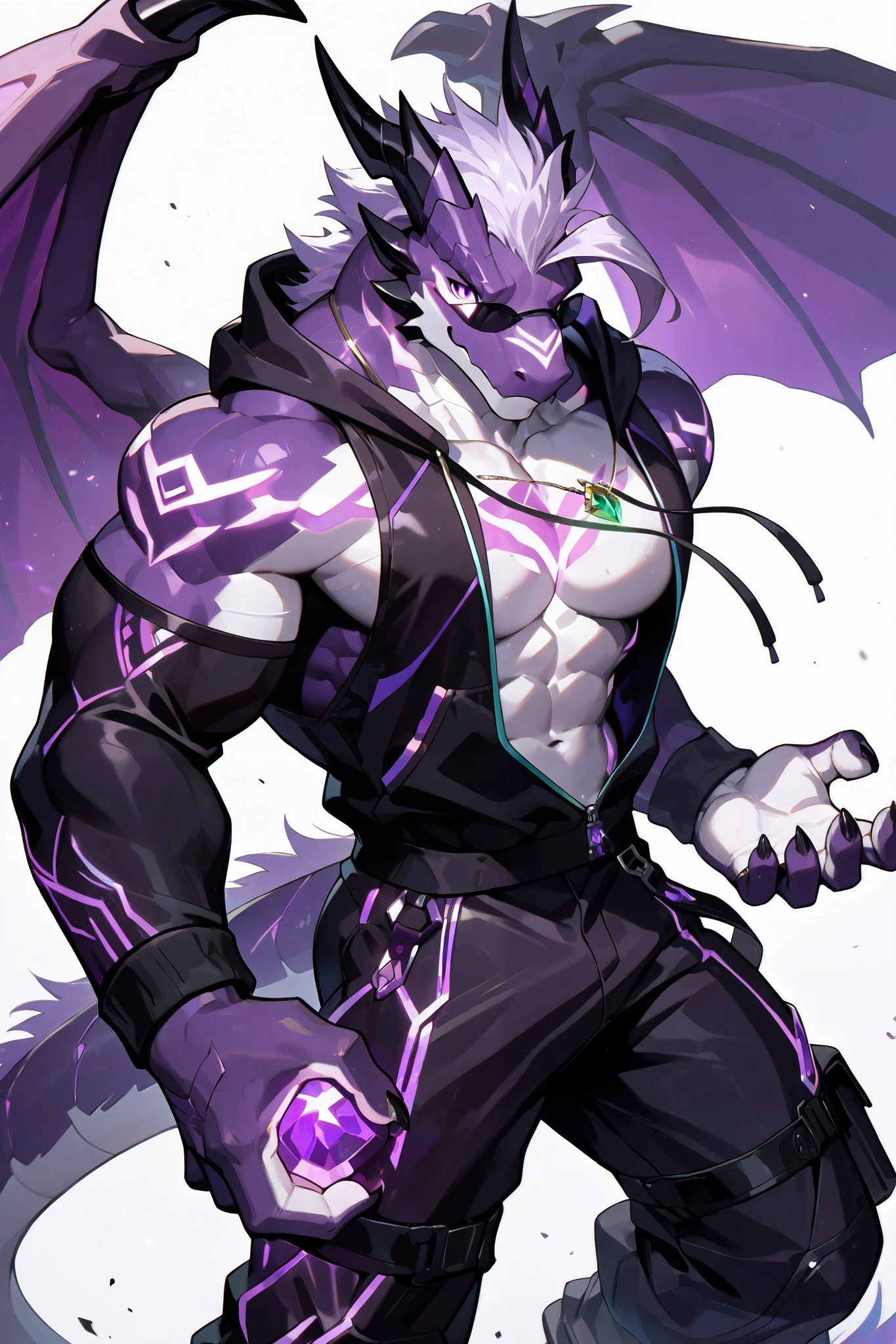 solo, silhouette, shadow of dragon, purple dragon, athletic character, wearing a purple sleeveless hoodie, purple detached sleeves, black parachute pants, circular black sunglasses, glowing fire demonic markings on chest, glowing demonic markings on face, wings, dragon wings, wallpaper quality, dynamic pose, chest-up, (Purple Scales, White chest, white fur, athletic body), flirty smile, neon lighting, purple eyes, light purple hair, simple background, white background, (muscular), gold ring, street style clothes, masterpiece, emerald necklace, pectorals, dynamic pose, correct anatomy, correct hands, best quality,