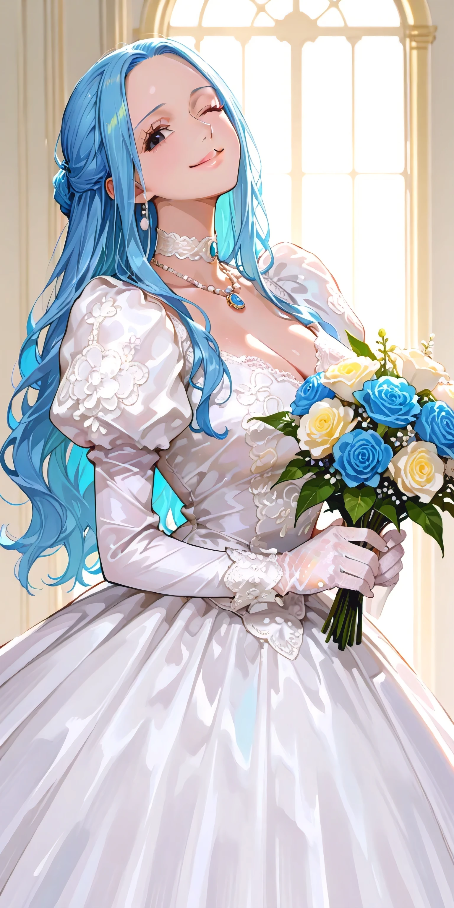Masterpiece, raw, beautiful art, professional artist, 8k, art style by sciamano240, very detailed face, very detailed hair, 1girl, perfectly drawn body, beautiful face, long light blue hair , very detailed blue eyes , rosey cheeks, intricate details in eyes, sultry smile, looking directly at viewer , lusty expression, lipstick, very close up on face, wearing veil, elegant white wedding dress, white elbow gloves, holding bouquet, white stockings, wedding setting, standing at the altor, posing for wedding pictures,