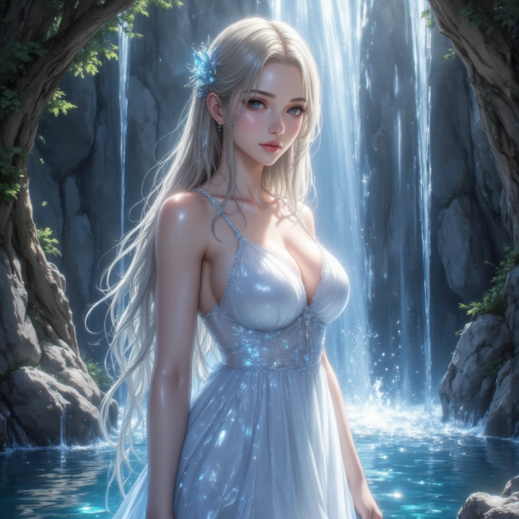 Tia is shown to have a fairly slender figure. She has white-grey hair , she has short hair and large pale green eyes, The girl enjoys the wonderful view of the waterfall and the surrounding landscape, and this can reflect on her face different expressions such as amazement, joy or peace. You may wear clothing that matches the surrounding nature, such as comfortable sportswear or a colorful traditional outfit. The girl may be standing conservatively at the edge of the waterfall, with the wind-blown stream of water hitting her face. They may be holding on to something to give them stability on the wet ground. The natural details around it can also be surprising, such as the green plants, rocks and flowers that surround the place. For the situation, the environment may be full of light and bright colors, making the picture look realistic and beautiful. The raging waterfall and the spray flying in the air give the scene an atmosphere of liveliness and movement, and there may be a rainbow in the background that adds to the beauty of the scene., cleavage exposed, big breasts, superior quality, many details, Puri focus Sharp and realistic,detailed face, detailed hands, detailed eys, arabian style